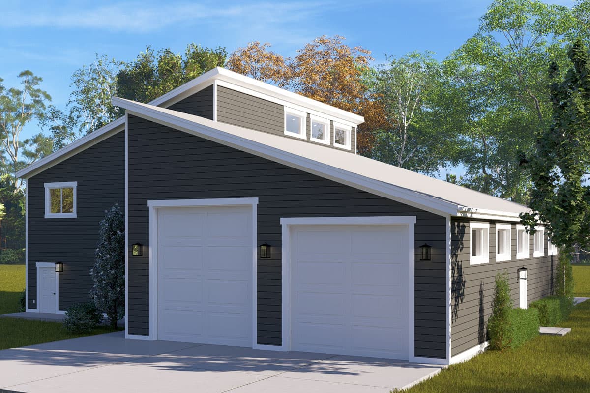 House plan exterior: Modern design with a shed roof, two garage doors, and a dormer with three windows.