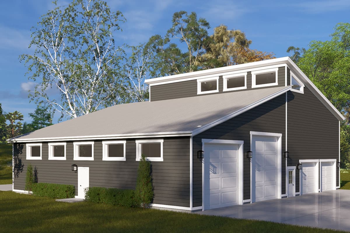 Modern house plan exterior with a gambrel roof, multiple garage doors, and upper-level dormer windows.