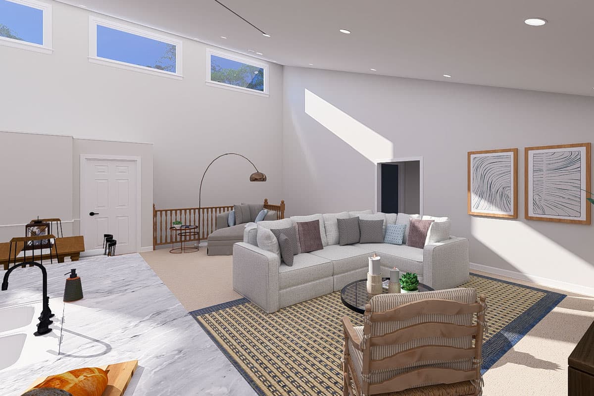 Interior rendering of a great room with vaulted ceiling, L-shaped sectional sofa, fireplace, and a kitchen island.