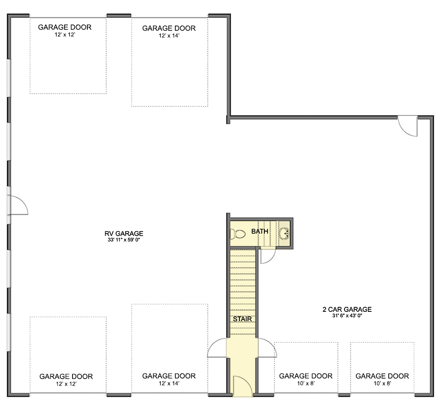 Plan 61526UT: 3500 Sq Ft Modern Barndominium Garage Plan with 1400 Sq Ft 2-Bed Apartment Above - Floor Plan - Main Level - Barndominium, Carriage, Modern