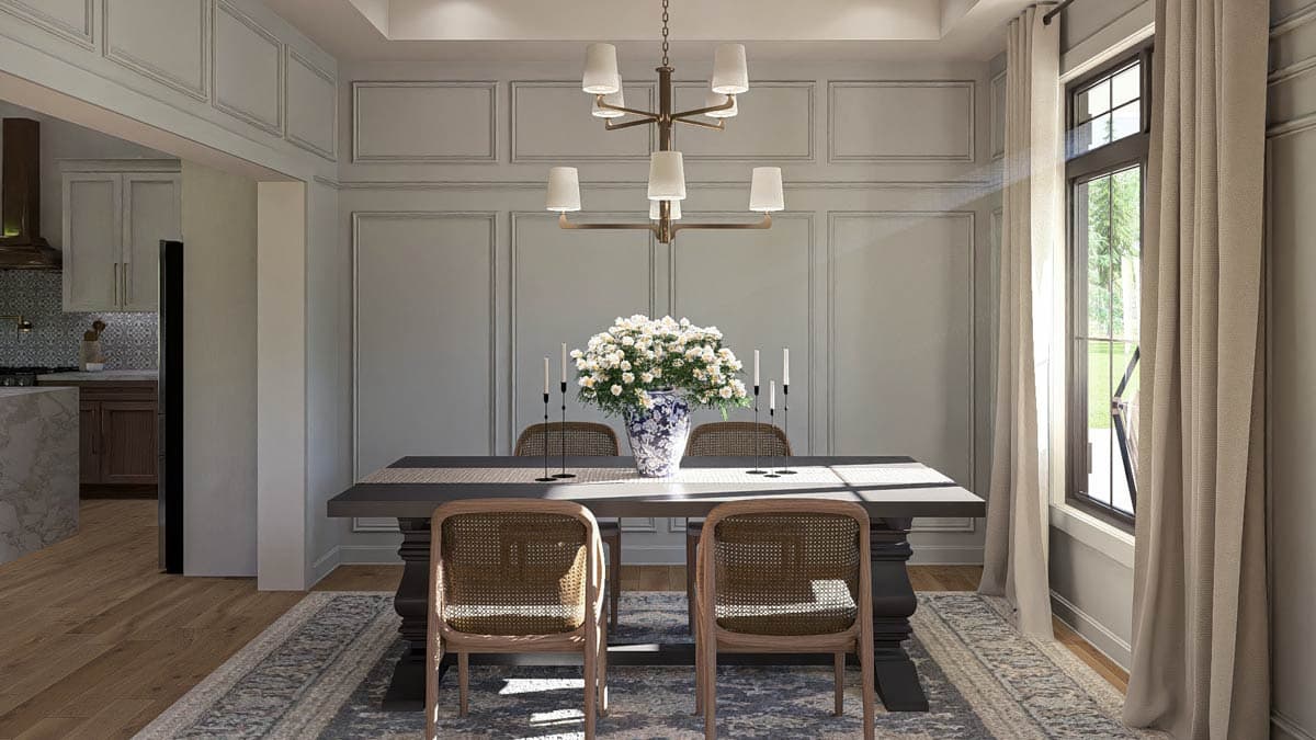 Dining room rendering with paneled walls, large table, chandelier, and view into kitchen.