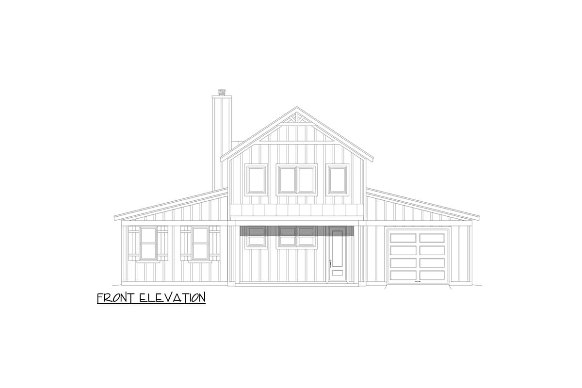 Front elevation drawing of a two-story house plan featuring a gable roof, chimney, and attached garage.