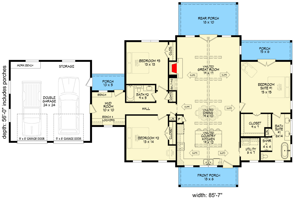 Plan 680398VR: One-Story Barndominium House Plan with Vaulted Country Kitchen - 1952 Sq Ft - Floor Plan - Main Level - Country, Farmhouse