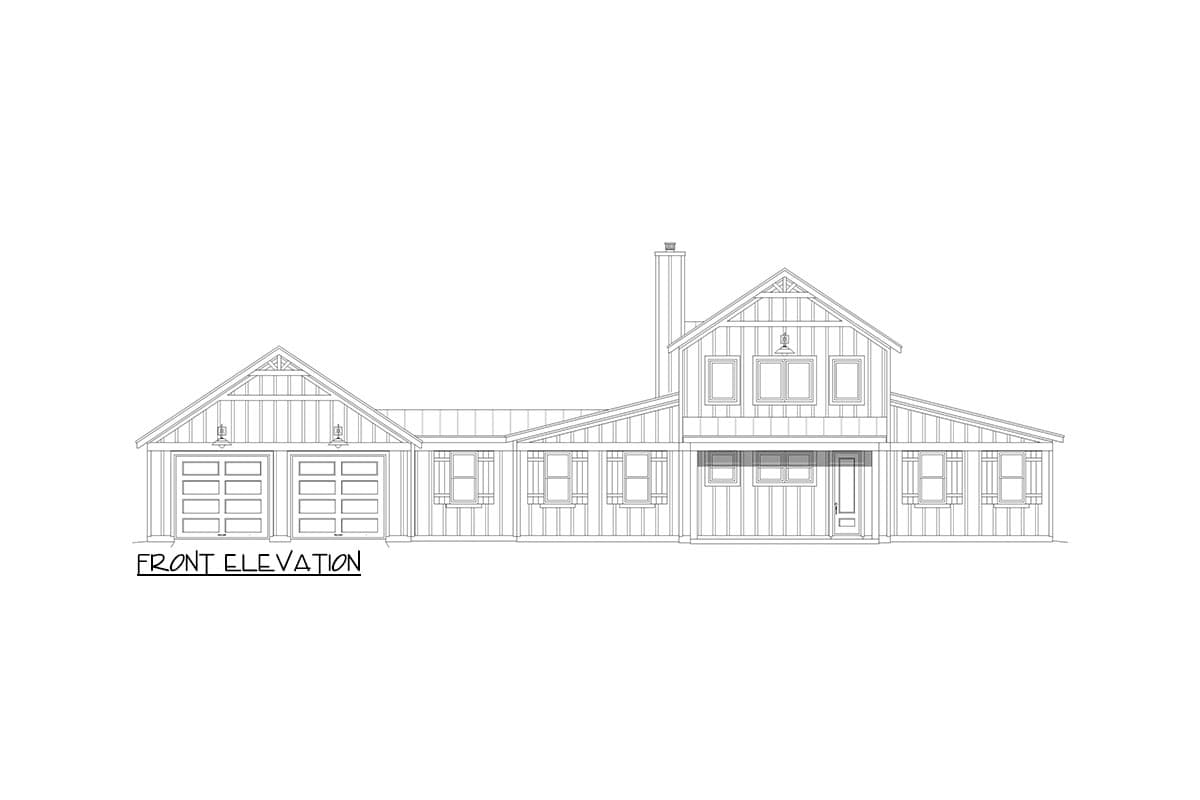 Front elevation house plan drawing showing a two-story home with a side-gabled roof, double garage, and covered front porch.