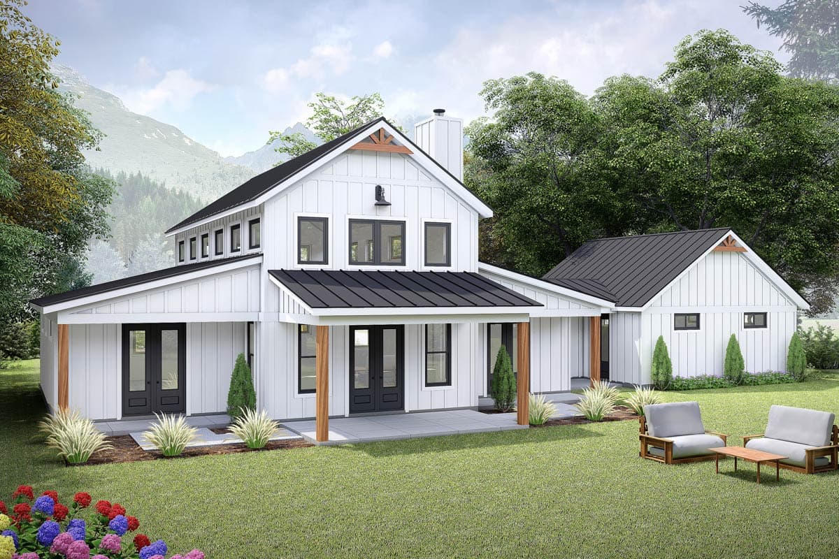 Modern Farmhouse house plan exterior with a prominent gable, covered porch with wood posts, and a detached garage.