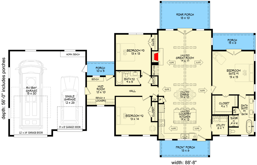 Plan 680399VR: 3-Bed Barndominium House Plan with RV Garage - 1952 Sq Ft - Floor Plan - Main Level - Country, Craftsman, Ranch