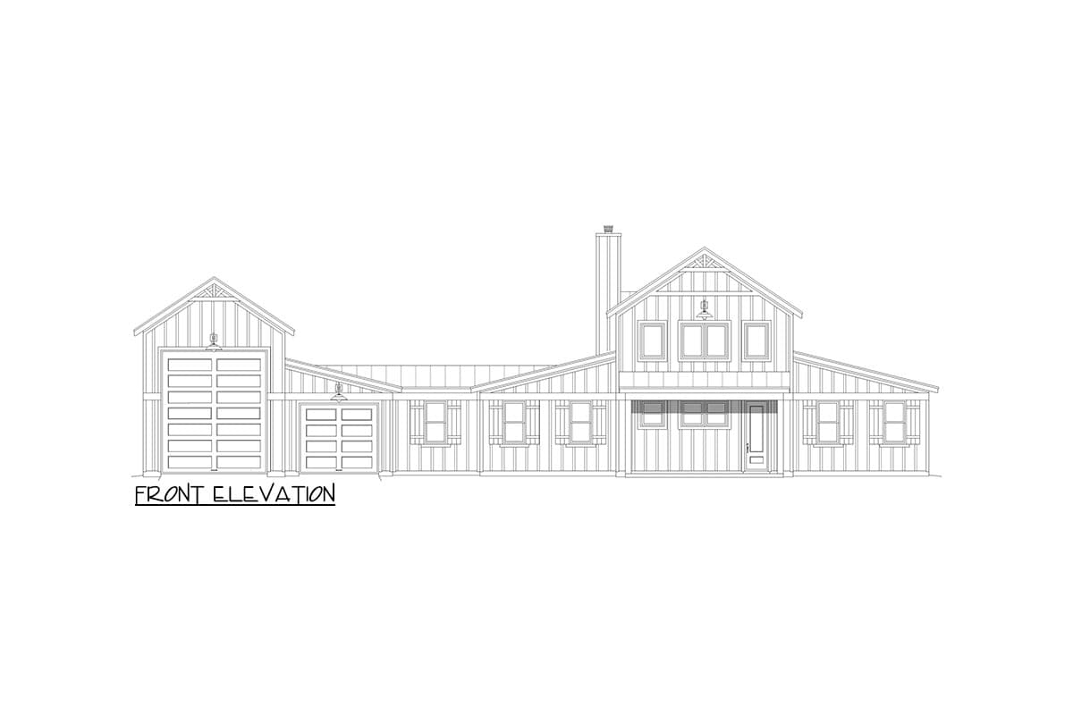 Front elevation drawing of a Modern Farmhouse style house plan with a two-car garage and a prominent gable.