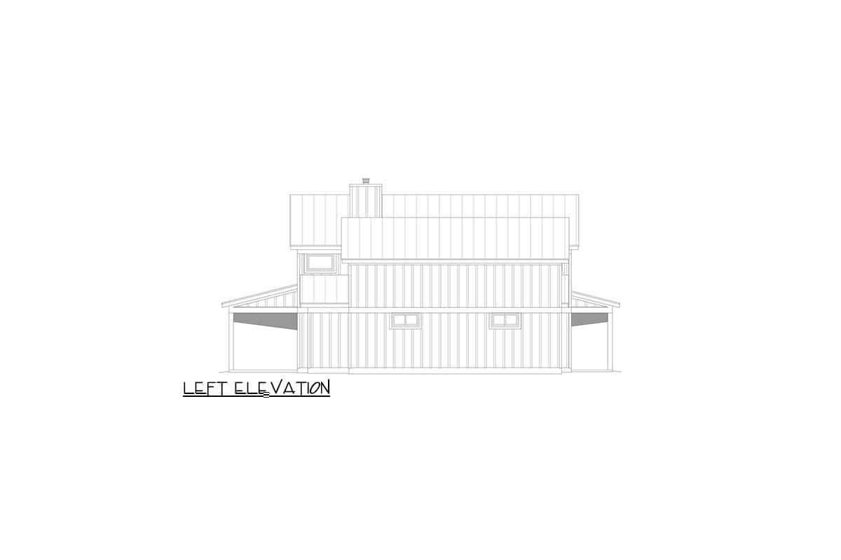 Left elevation drawing of a two-story house plan with a standing seam roof, multiple gables, and a covered porch.