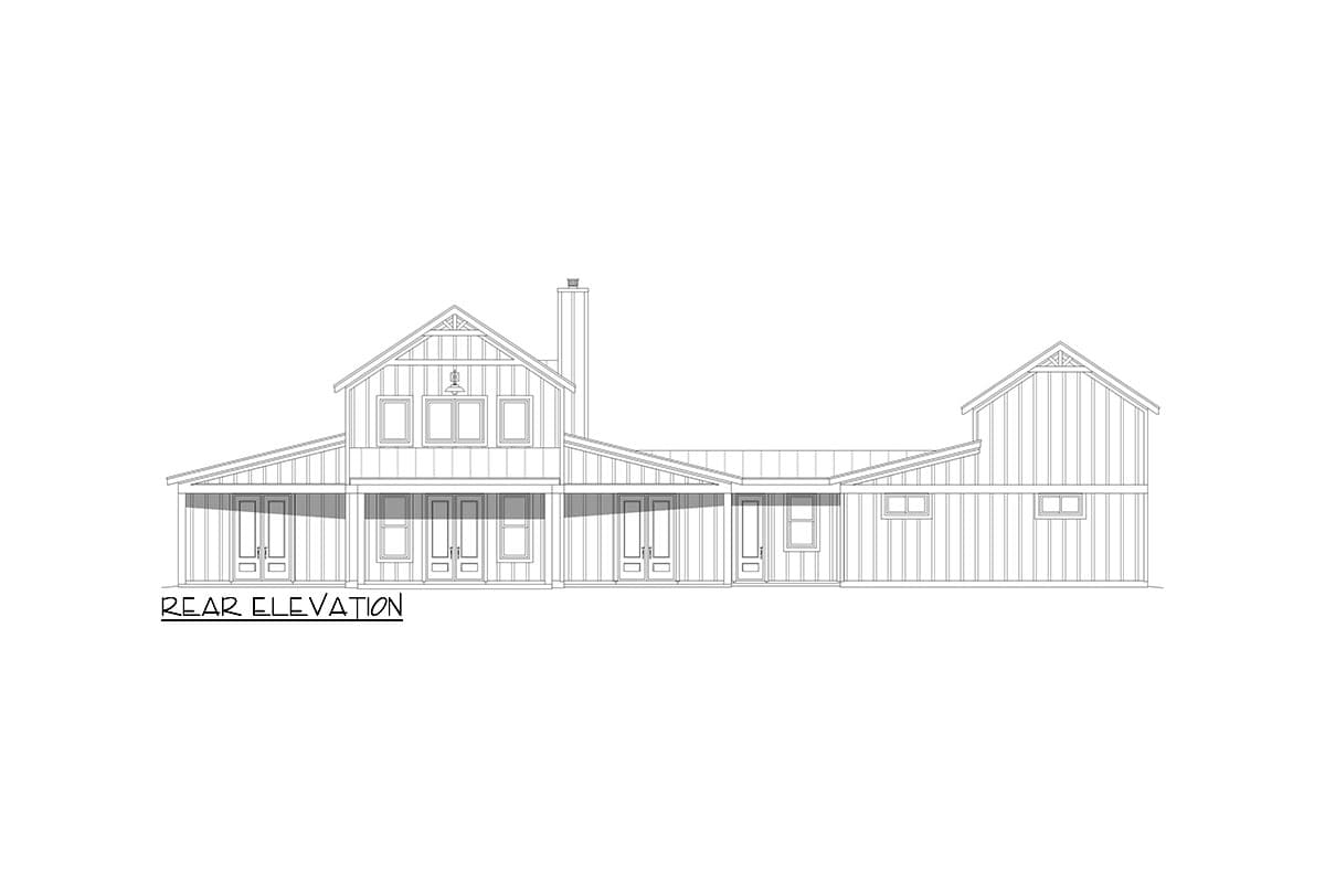 Rear elevation of a two-story Modern Farmhouse plan with a covered porch, multiple gables, and a prominent chimney.