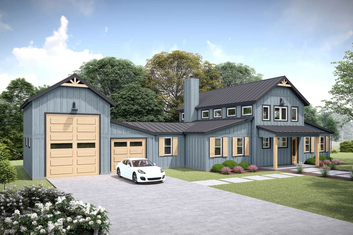 House plan exterior featuring Modern Farmhouse style with two stories, gabled roof, covered porch, and detached garage with a matching roofline.