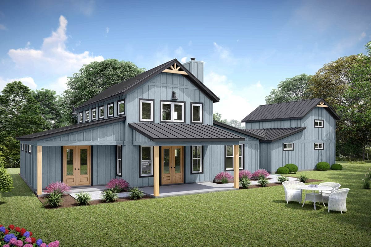 Modern Farmhouse house plan exterior with board-and-batten siding, metal roof, covered porch, and multiple gables.