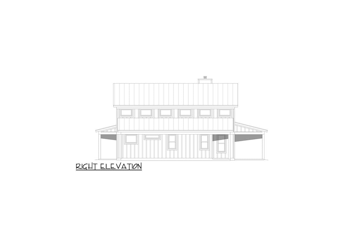 Right elevation drawing of a two-story house plan with a metal roof, dormers, and covered carport.