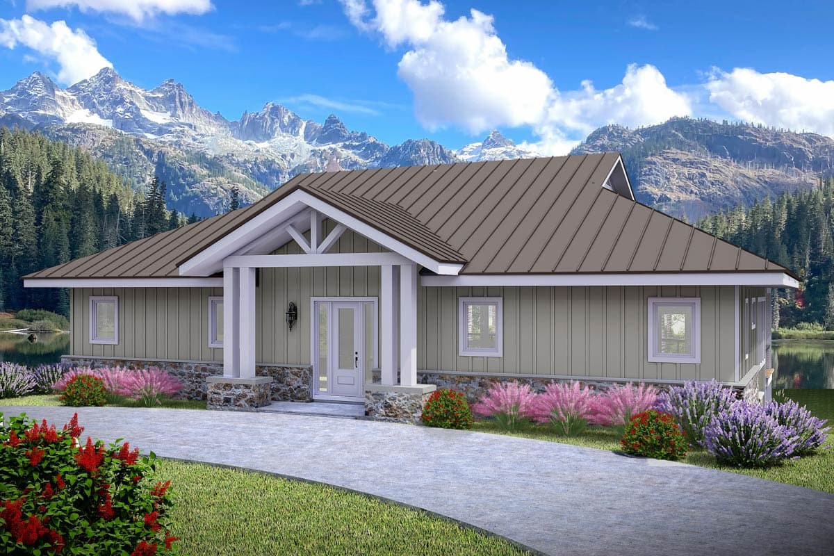 House plan exterior: Ranch style, single-story with metal roof, stone base, and covered entry with exposed rafter tails.