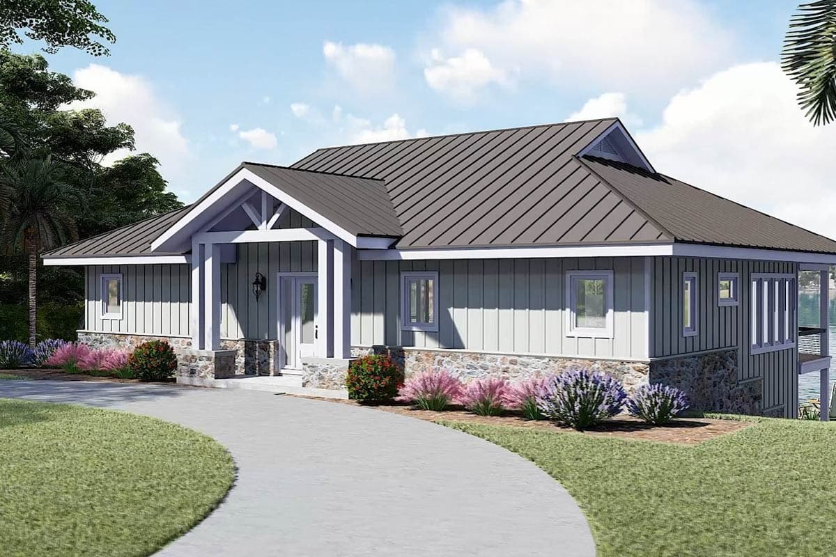 House plan exterior: Ranch style with metal roof, covered front porch with visible beams, and stone and vertical siding.