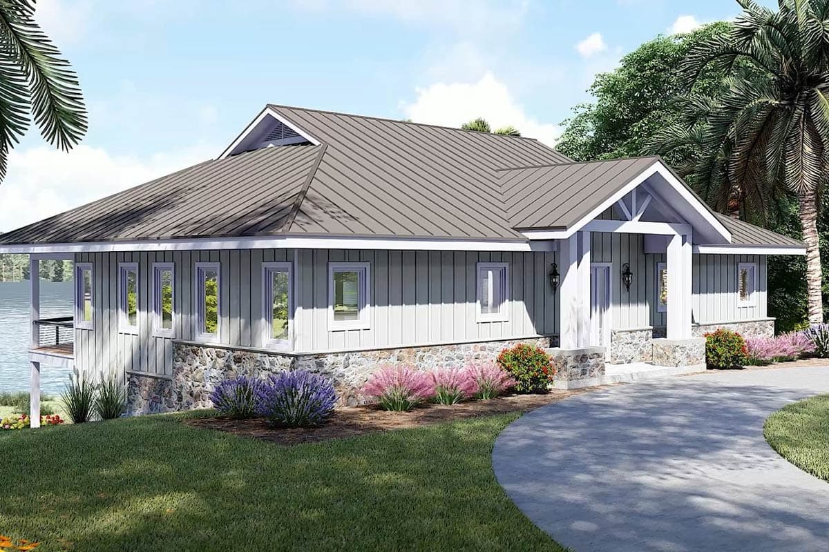 House plan exterior: Single-story Modern Farmhouse with metal roof, stone base, and covered front entry with white columns.