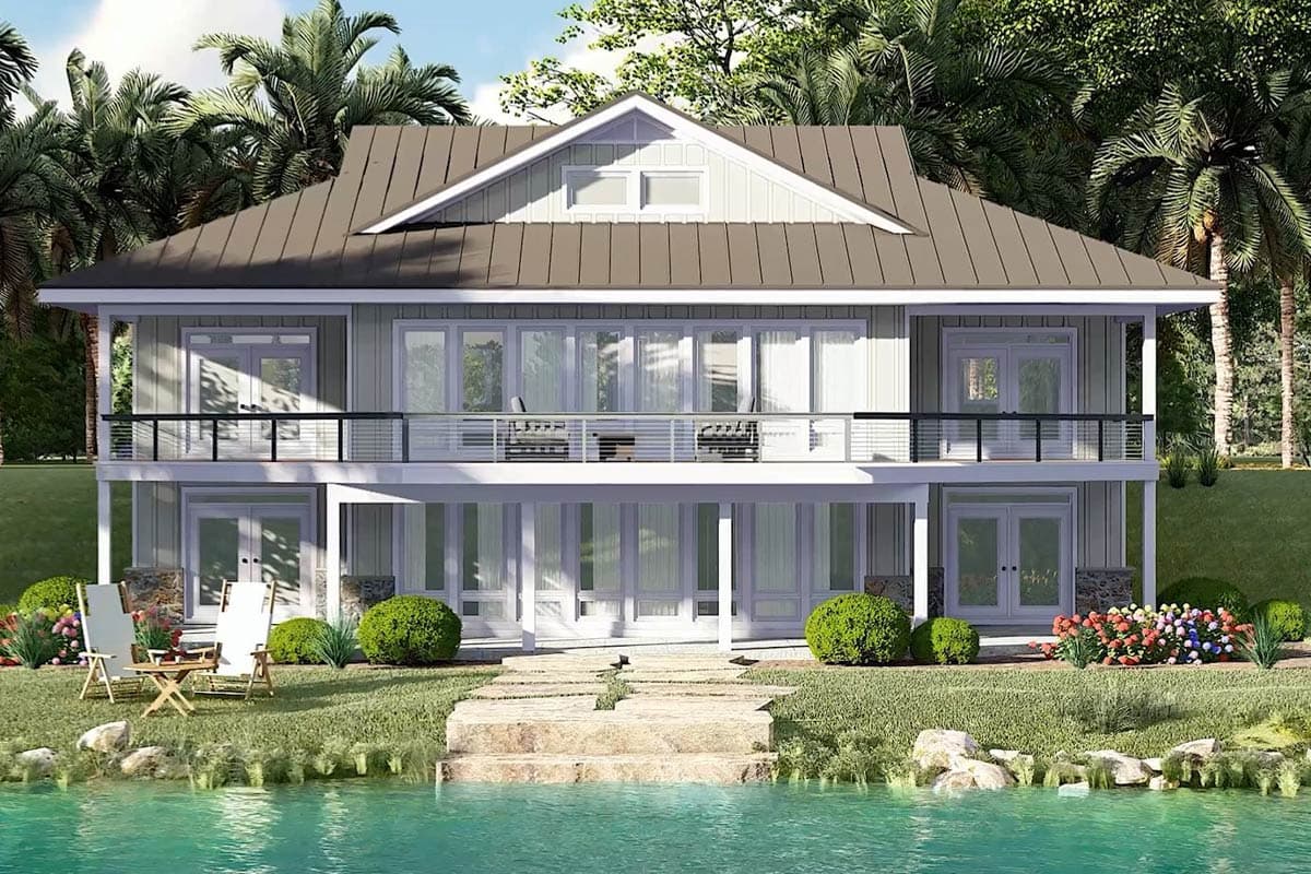 House plan exterior: two-story Modern style with metal roof, upper balcony, and large glass doors.