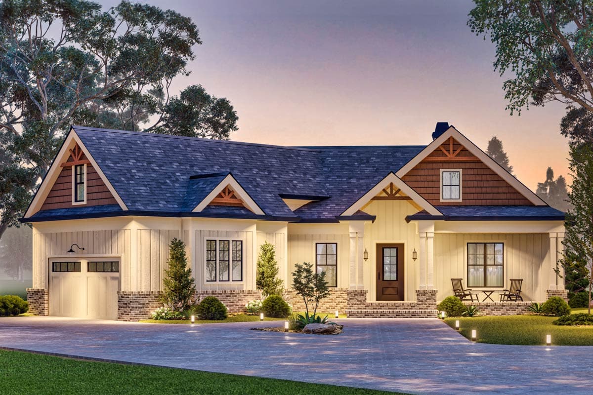 Modern Farmhouse house plan exterior with gables, board-and-batten siding, brick accents, and a covered front porch.