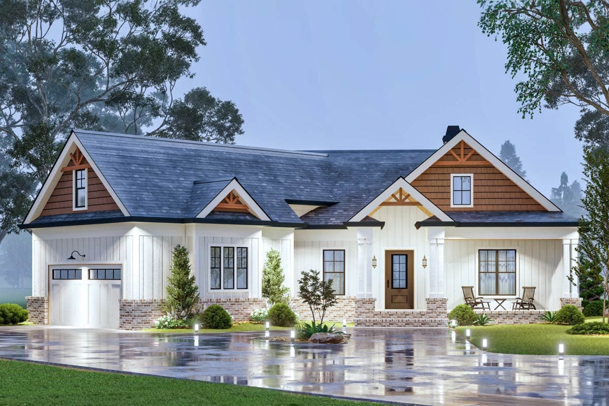 Modern Farmhouse house plan exterior with a gabled roof, board and batten siding, brick accents, and a covered front porch.