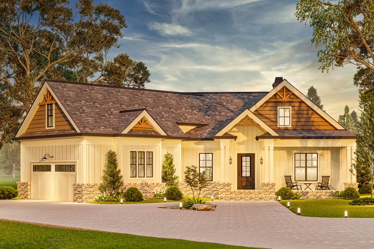 Modern Farmhouse house plan exterior with board-and-batten siding, brick accents, prominent gables, and covered front porch.