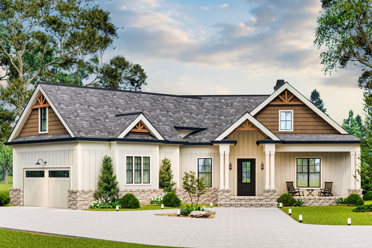 House plan exterior. Modern farmhouse style with gabled roof, front porch, and dormers. Features brick accents on the facade and garage.