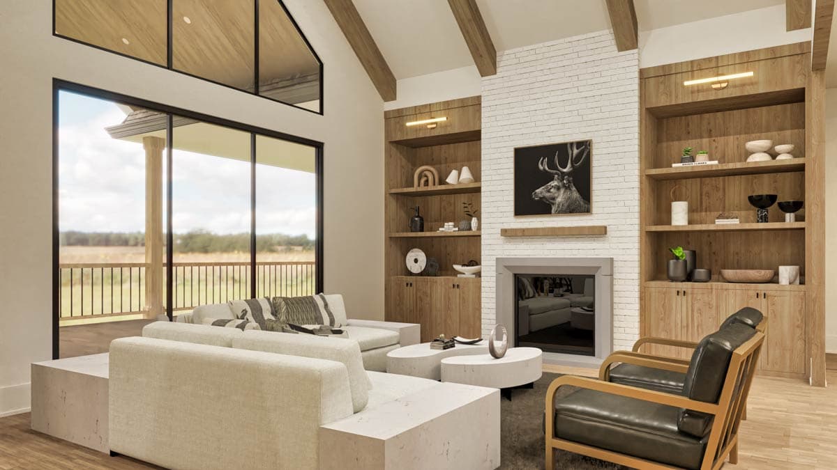 Interior rendering of a living room with vaulted ceilings, exposed beams, fireplace, built-in shelving, and large windows.