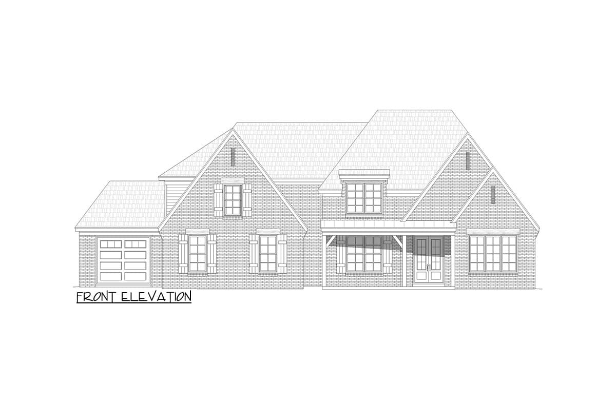 Front elevation drawing of a brick house with a two-car garage, covered porch, and multiple gables.