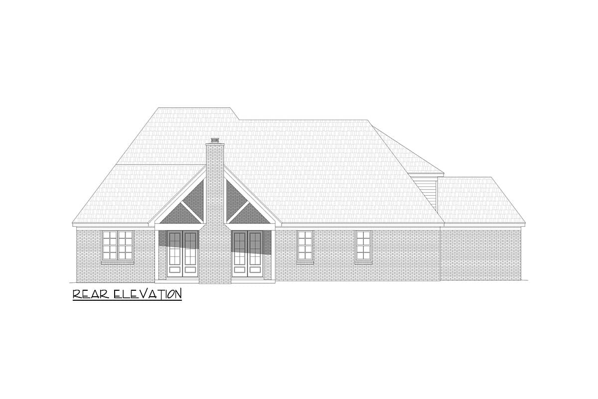 Rear elevation drawing showing a brick house with a prominent gable, two entry doors, and a chimney.