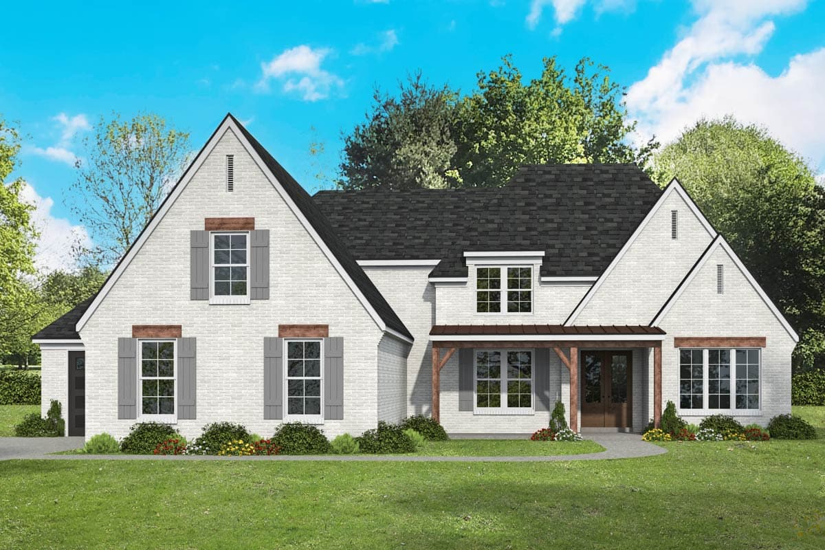 House plan exterior featuring a two-story design with a gabled roof, brick facade, and a covered porch supported by wood beams.