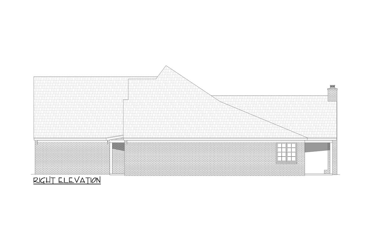 Right elevation house plan showing brick exterior, gabled roof, and attached garage.