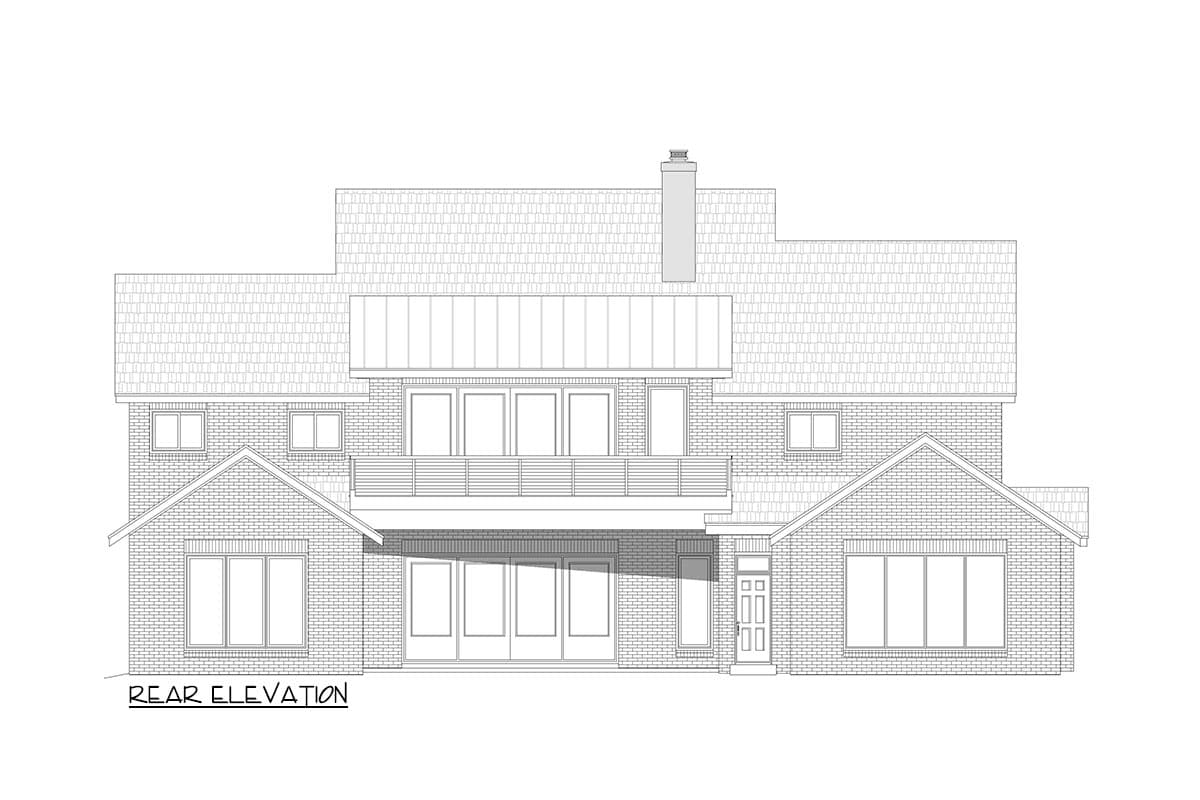 Rear elevation drawing of a two-story house with multiple gables, a second-story balcony, and large windows.