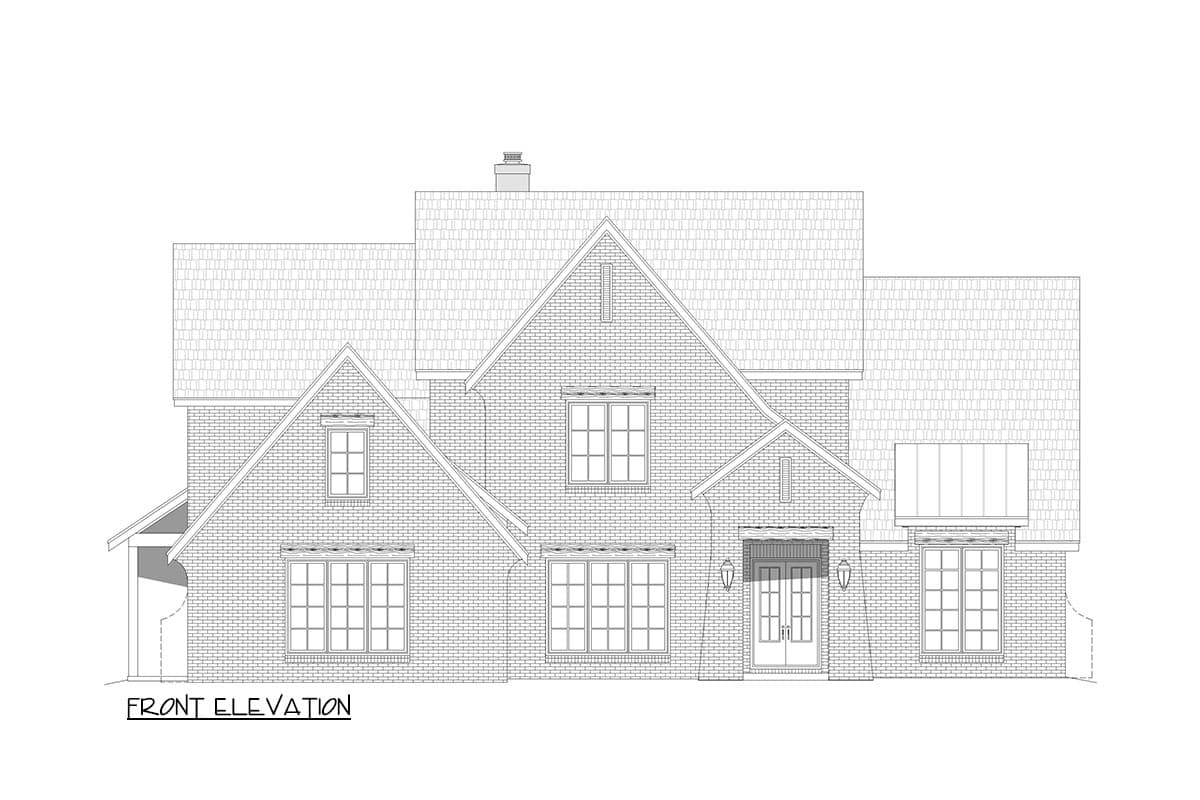 Front elevation drawing of a two-story brick house plan with gables, dormers, and a covered entrance.