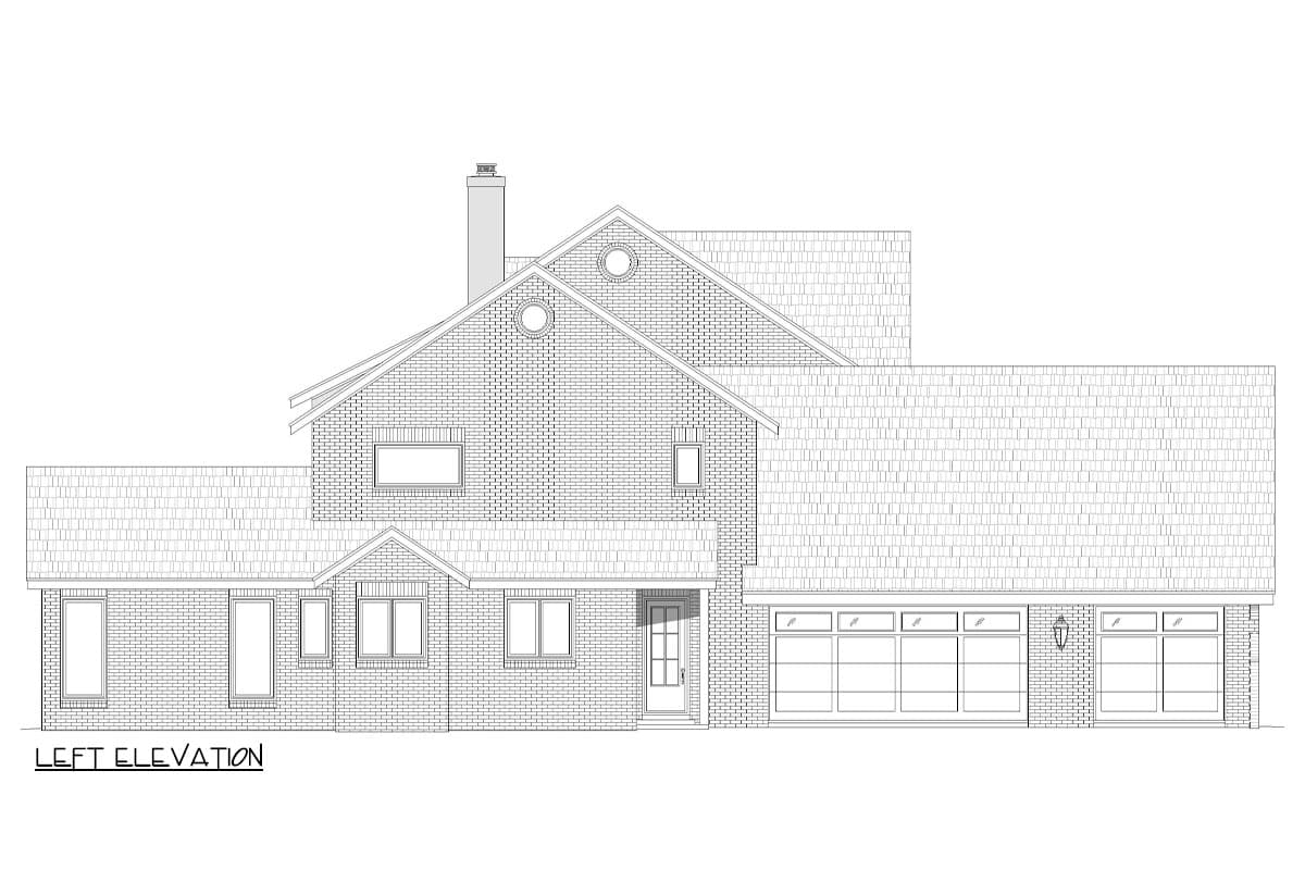 Left elevation house plan with brick exterior, two-car garage, and a prominent chimney.