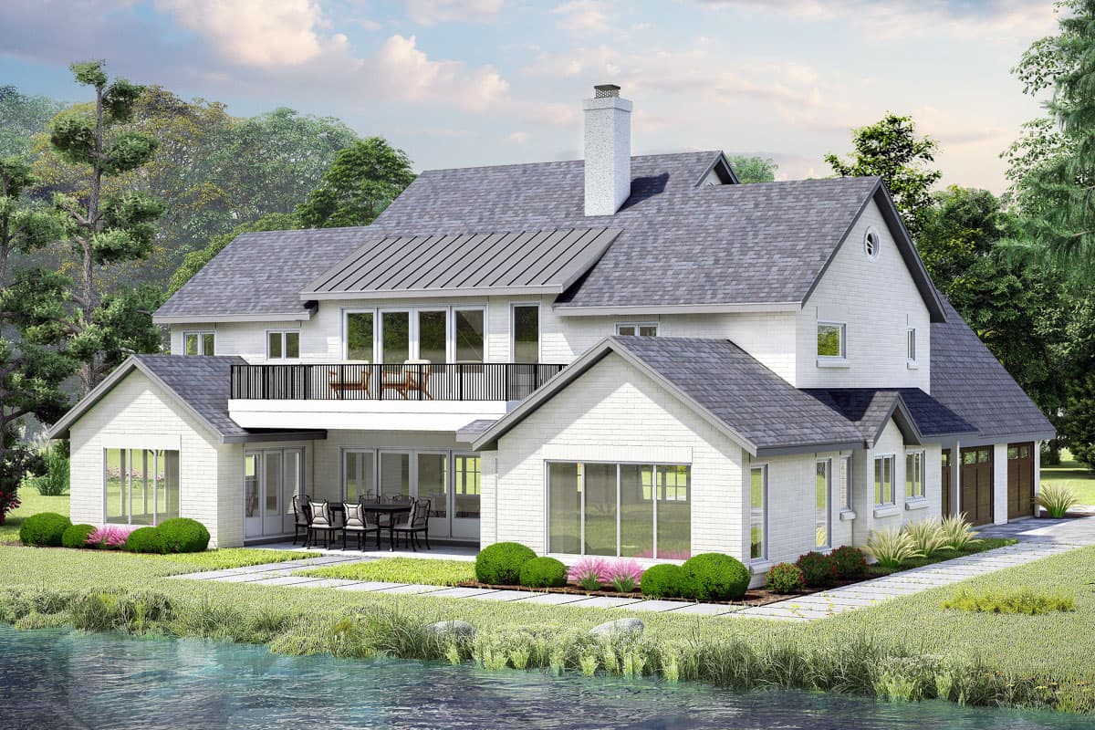House plan exterior shows a two-story Modern Farmhouse with white brick, metal roof, second-story balcony, and a three-car garage.