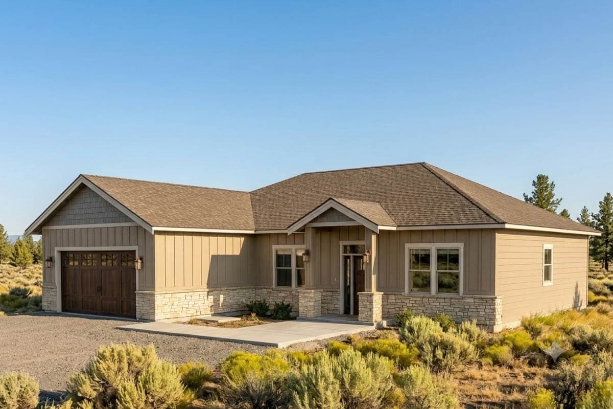 House plan exterior of a one-story home with a covered front porch, dark siding, and stone foundation.