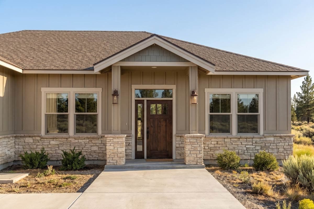 Ranch style house plan exterior with a gabled roof, covered porch with columns, and double entry doors.