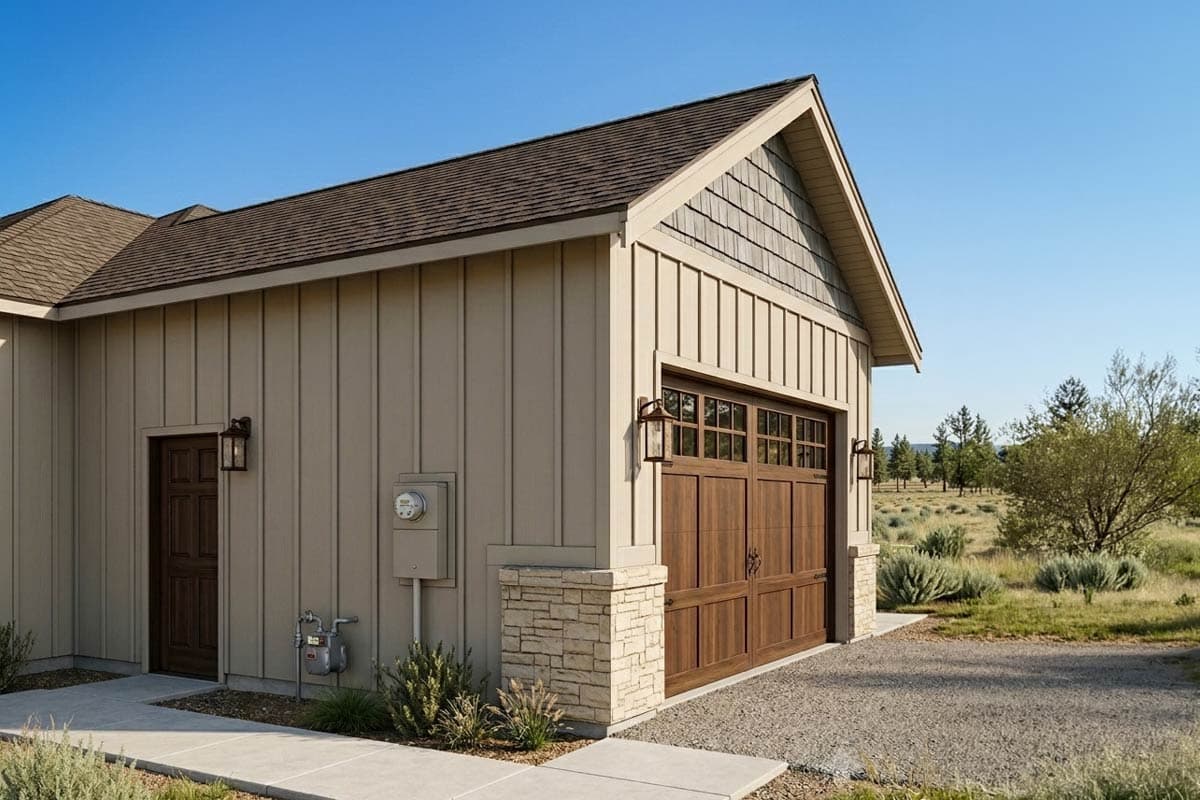 House plan exterior: single-story home with a covered porch, horizontal siding, and stone foundation.