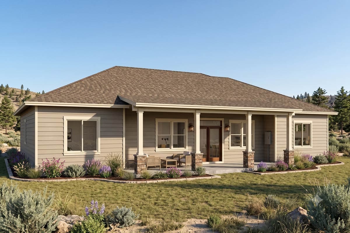 House plan exterior: Modern Farmhouse style, one story, with stone-clad columns, wood-paneled entry door, and double-hung windows.