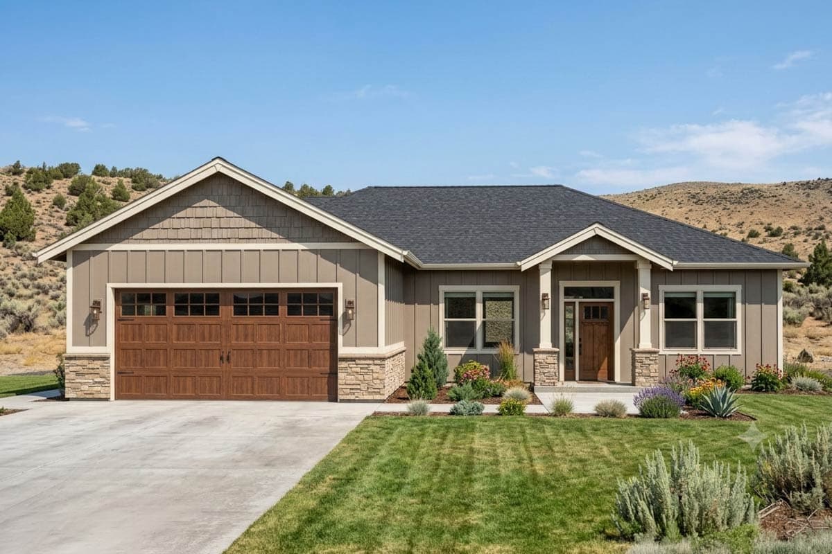 House plan exterior. Craftsman-style, one-story home with gabled roof, stone accents, and a front-facing garage with wood panel door.