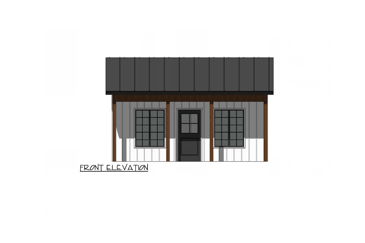 Front elevation of a house plan showing a single story with a metal roof, board and batten siding, a central door, and two windows.
