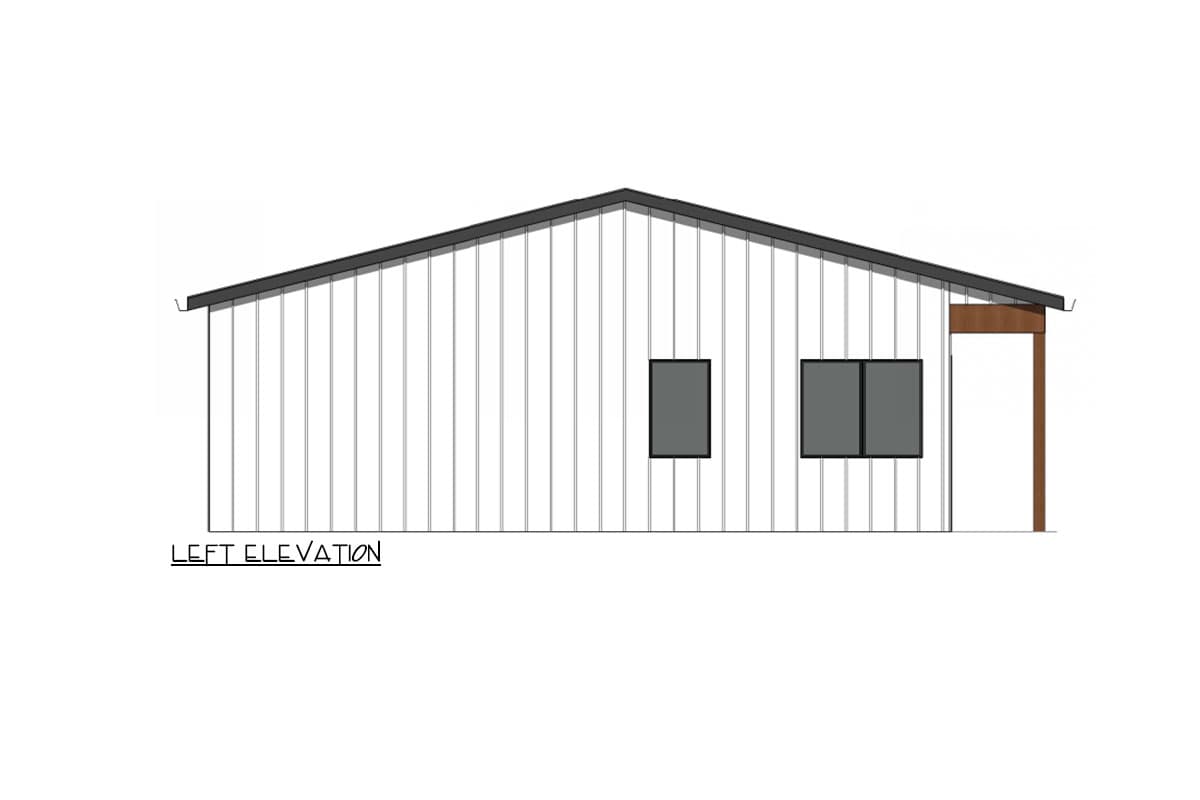 Left elevation drawing of a house plan with a gable roof, vertical siding, two windows, and a covered entryway.