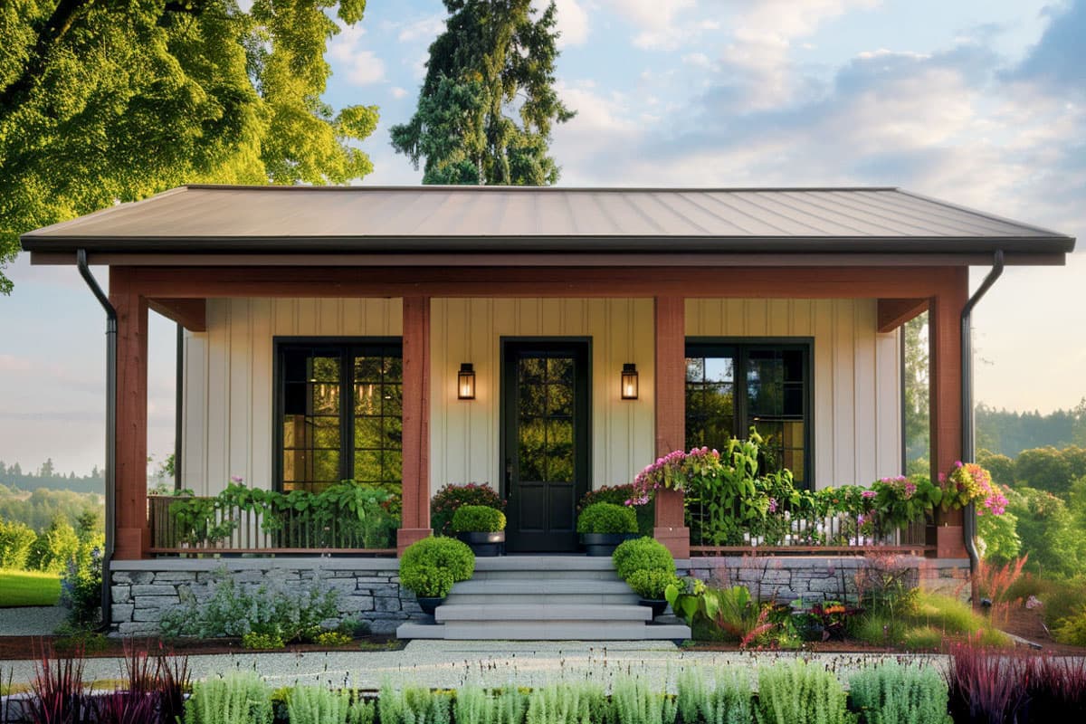 House plan exterior. One-story structure with a metal roof, porch with wood columns, and symmetrical windows flanking the front door.