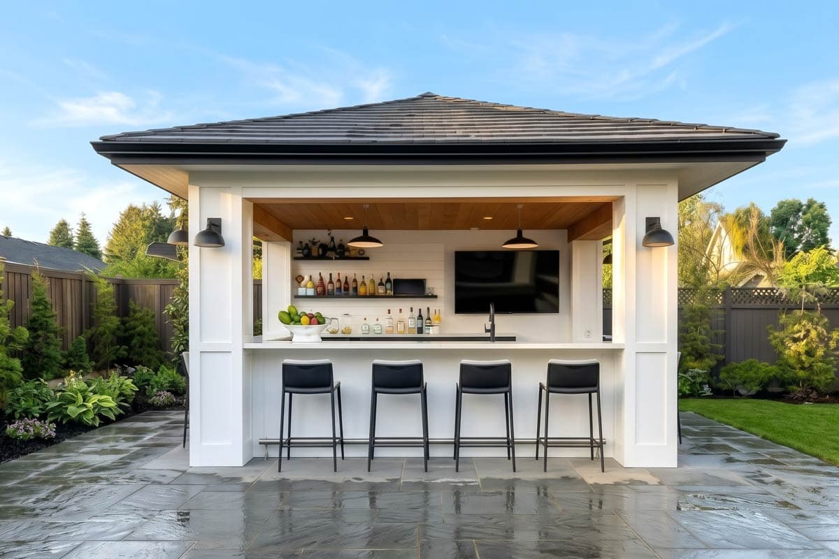 Exterior view of an outdoor bar with a tile roof, built-in shelves, and a large television. Features include pendant lights and a bar with seating.