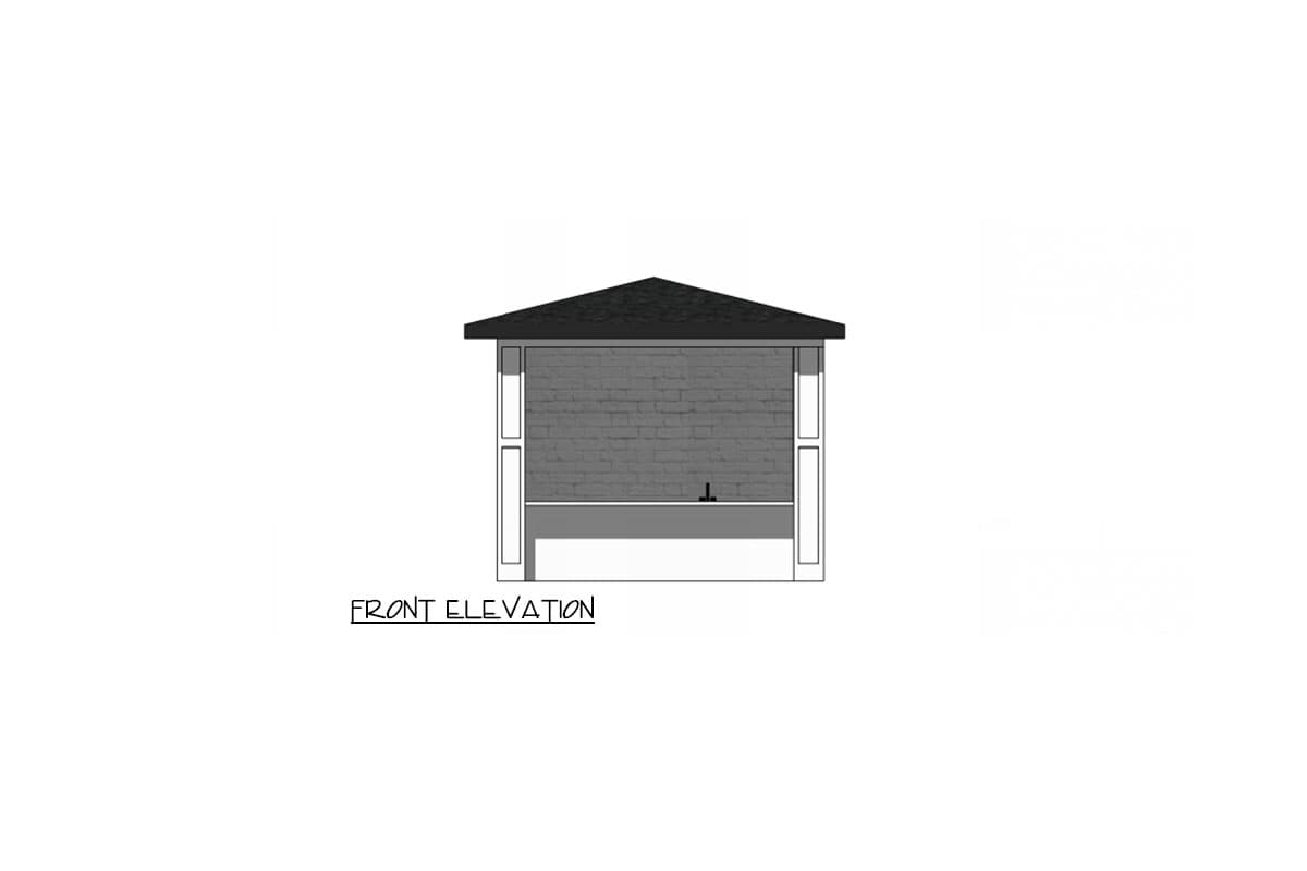 Front elevation drawing of a covered structure with a dark pitched roof, brick accent wall, and white framed openings.