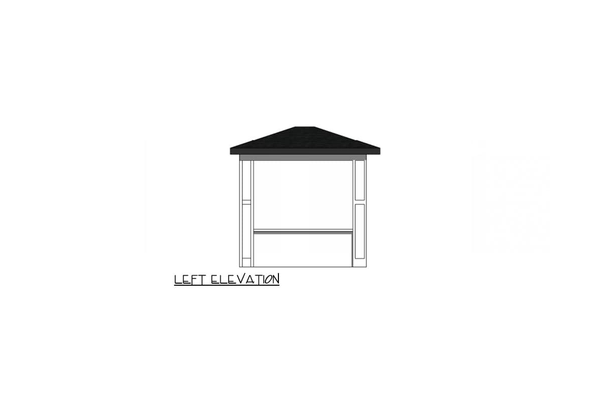 Left elevation drawing of a gazebo with a hip roof, four posts, and a lower horizontal beam.