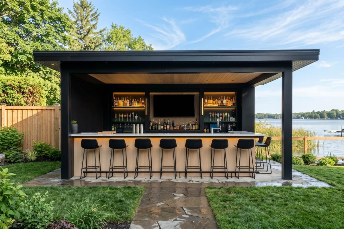 Exterior view of an outdoor bar with a black canopy, bar seating, shelving with liquor bottles, and a television.