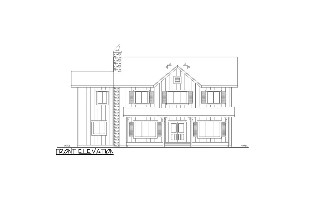Front elevation of a two-story house plan featuring a gabled roof, central dormer, covered front porch, and brick chimney.