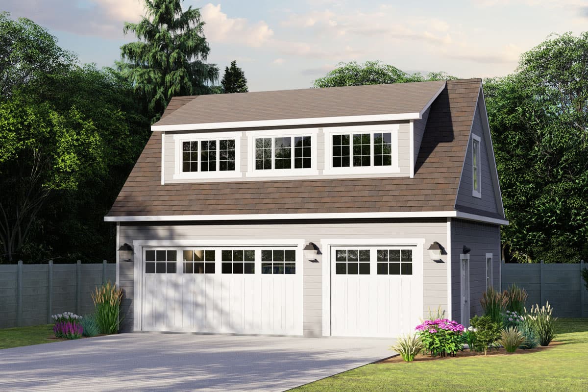 House plan exterior. Two-story structure with two-car garage. Features include dormers, gabled roof, and multiple windowed garage doors.