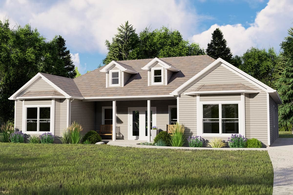 House plan exterior. Ranch style with a front porch, two dormers, and a gabled roof. Exterior features include bay window.