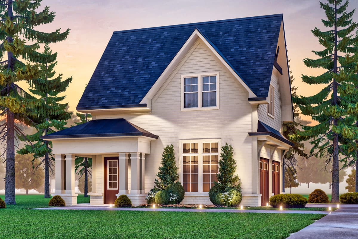 House plan exterior. Two-story farmhouse with front porch, gabled roof, and attached garage. Includes dormer windows and classic columns.