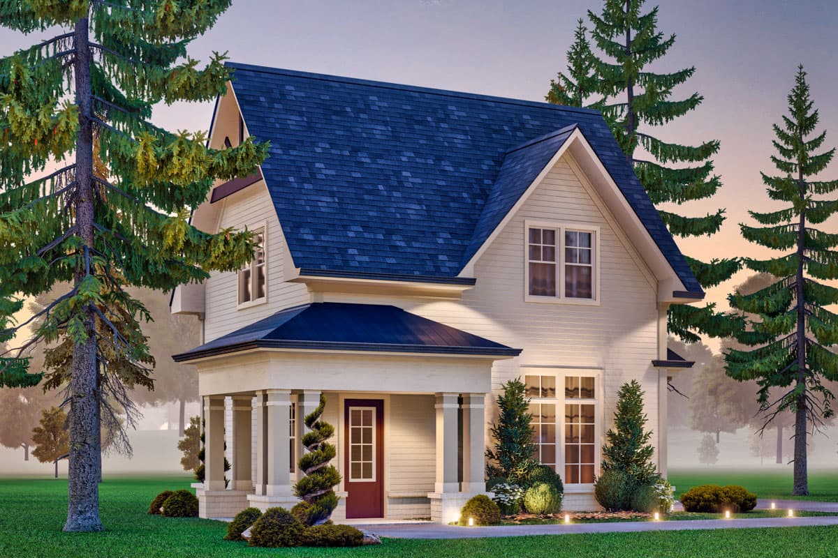 House plan exterior: Two-story home with a covered front porch, prominent gables, and a steeply pitched roof.